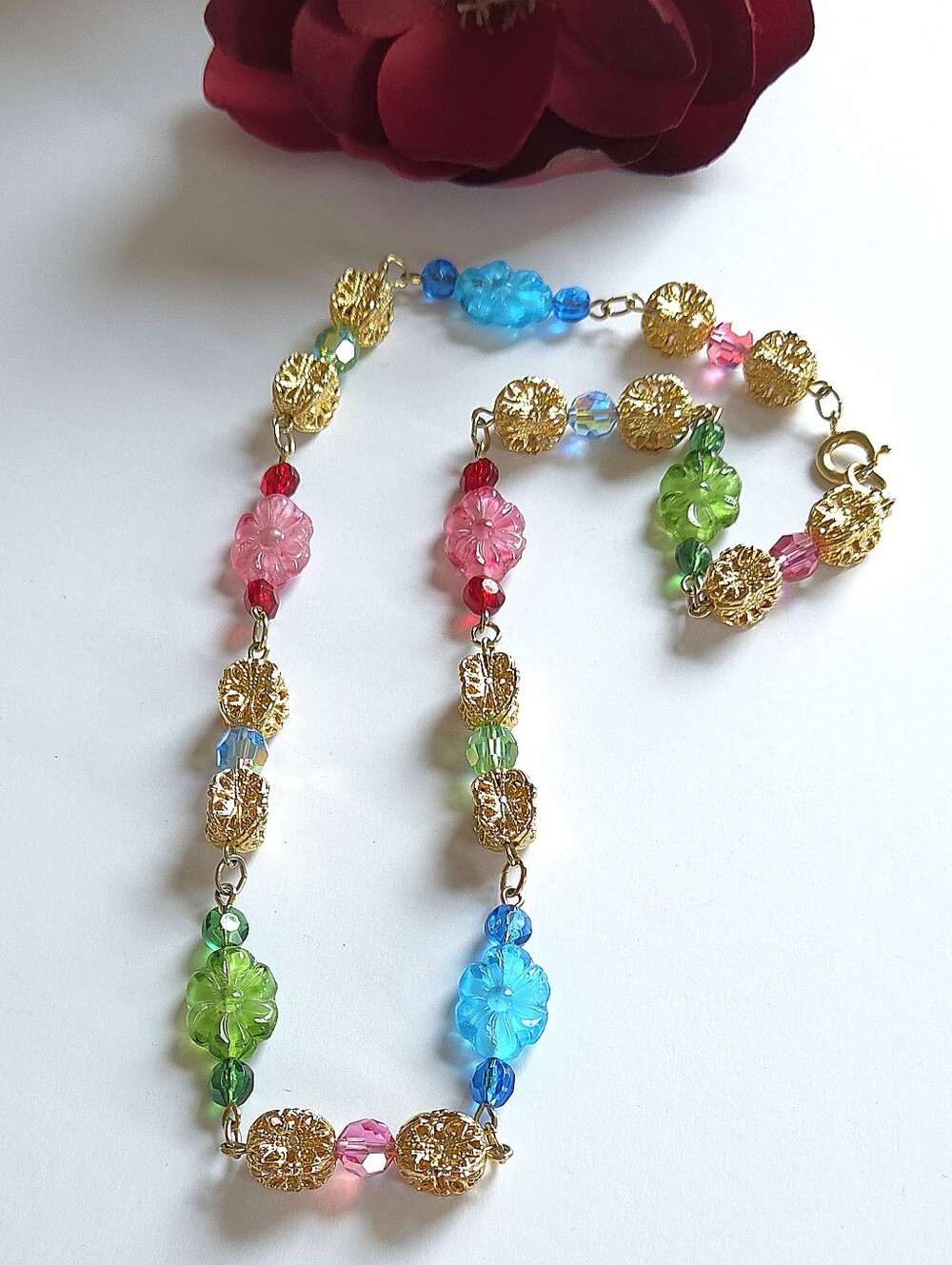Handmade Colorful Glass Flower Beads & Crystal Ornate Gold Filigree Necklace